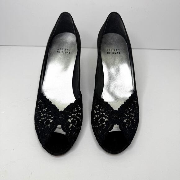 Stuart Weitzman Shoes Womens Size 7.5 Black Lace Crystal Peep Toe Satin Pumps - Picture 1 of 11